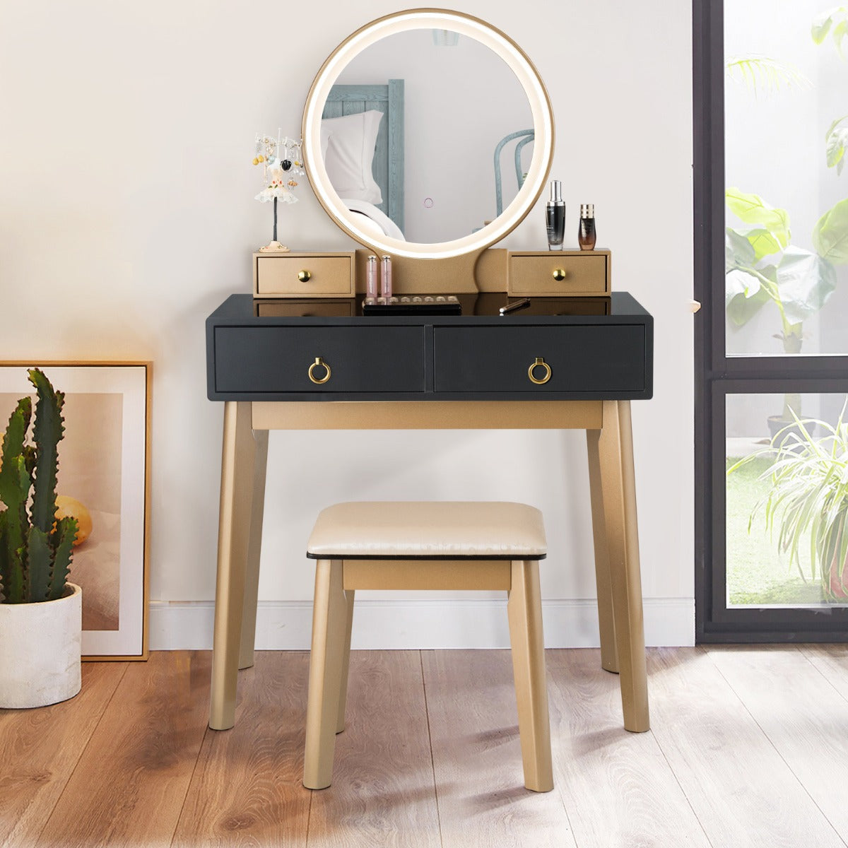 Dressing Table Stool Set with Makeup Mirror for Bedroom-Black
