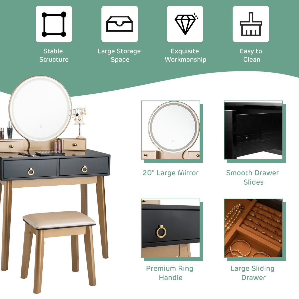 Dressing Table Stool Set with Makeup Mirror for Bedroom-Black