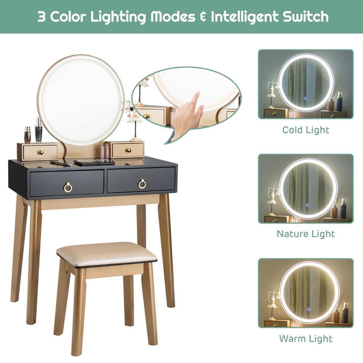 Dressing Table Stool Set with Makeup Mirror for Bedroom-Black