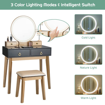 Dressing Table Stool Set with Makeup Mirror for Bedroom-Black