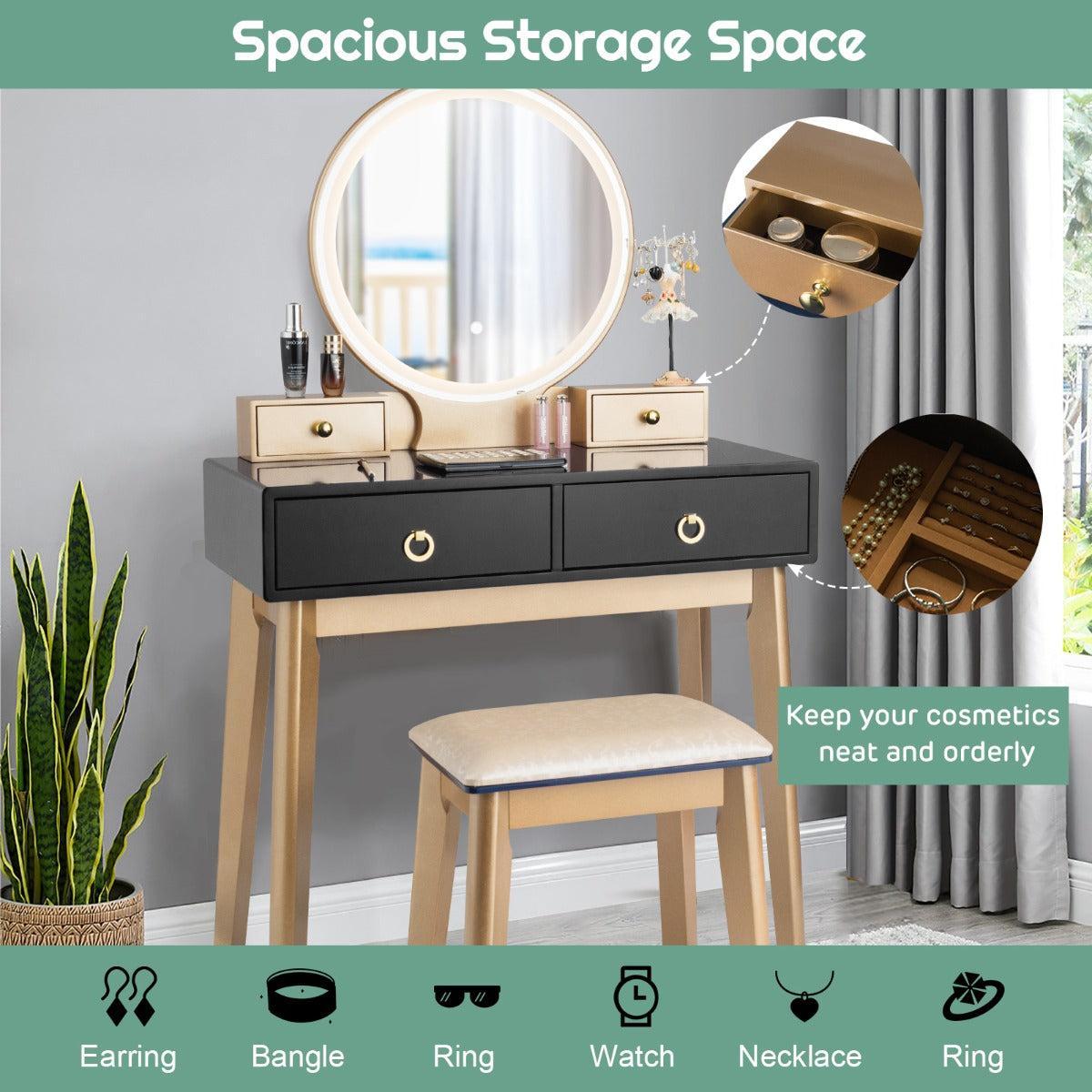 Dressing Table Stool Set with Makeup Mirror for Bedroom-Black