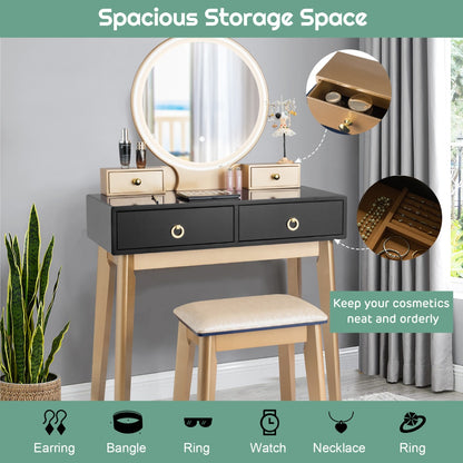 Dressing Table Stool Set with Makeup Mirror for Bedroom-Black