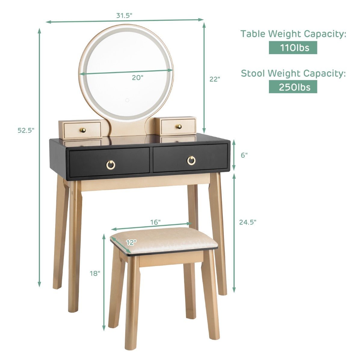 Dressing Table Stool Set with Makeup Mirror for Bedroom-Black