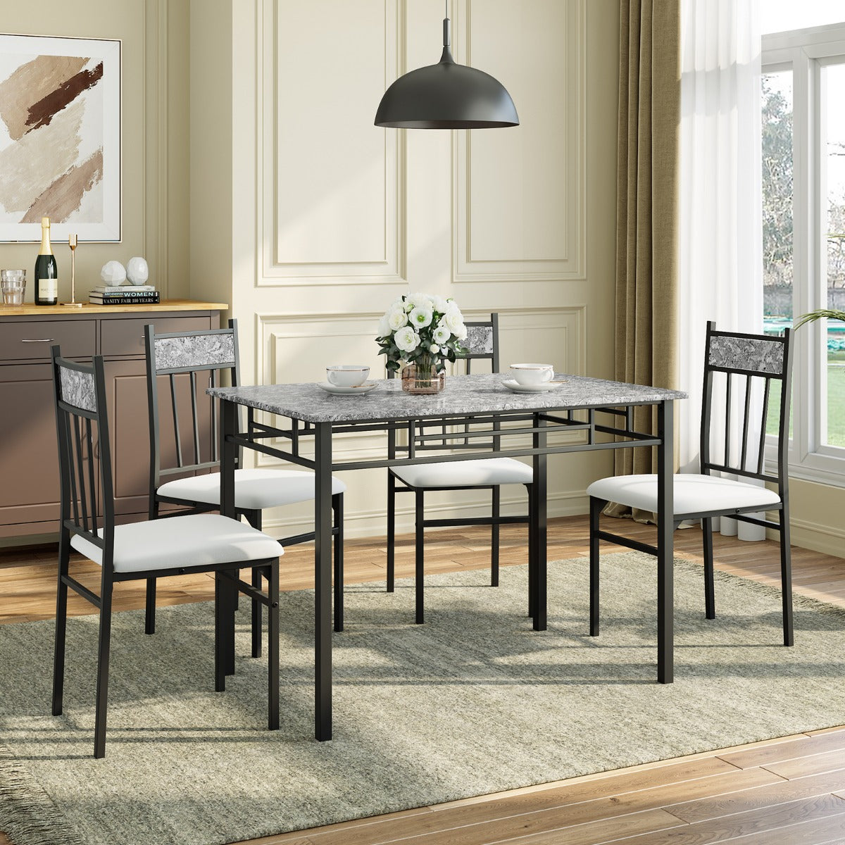 5-Piece Dining Table Set with 4 High Back Chairs & 1 Rectangular Table