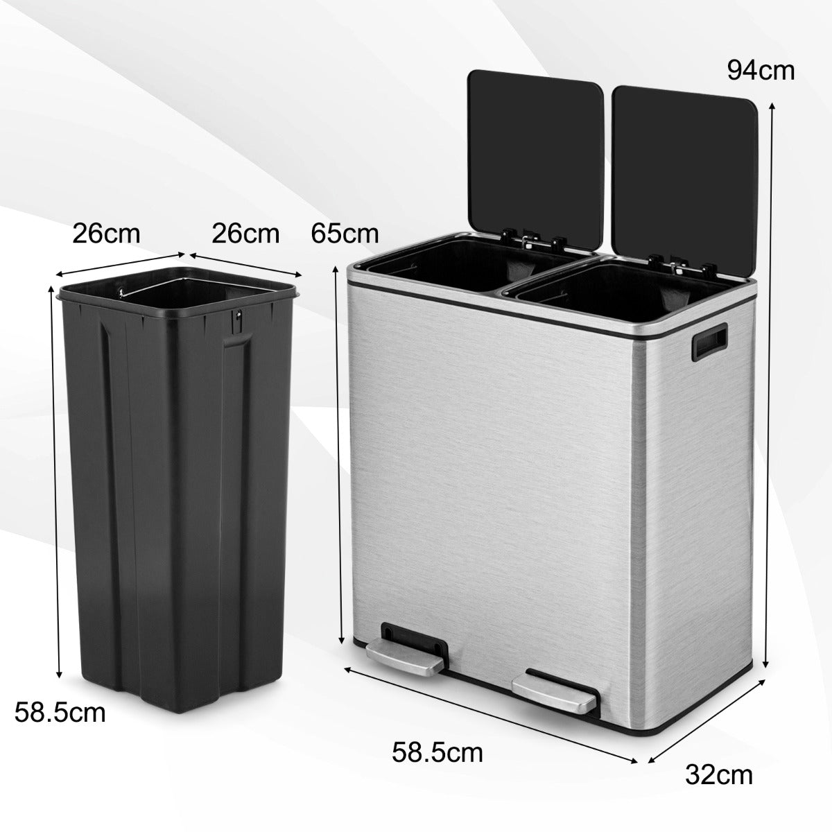 60L stainless steel dual compartment trash can with two removable 30L bins for sorting waste