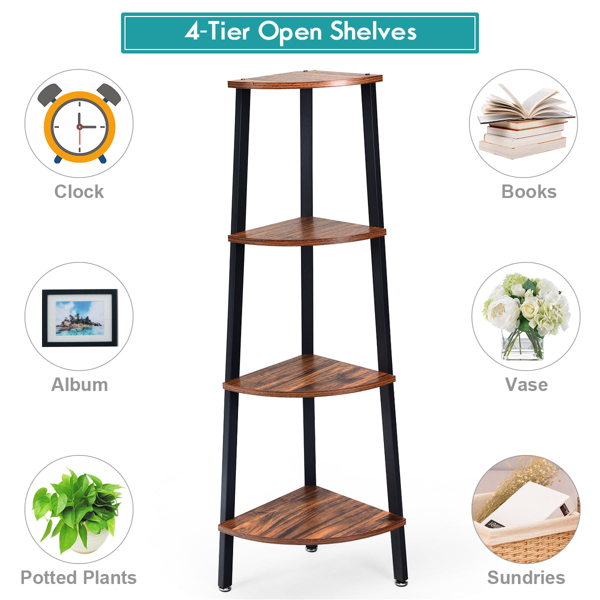 4-Tier Corner Shelf with No-Shaking Structure for Office-Coffee