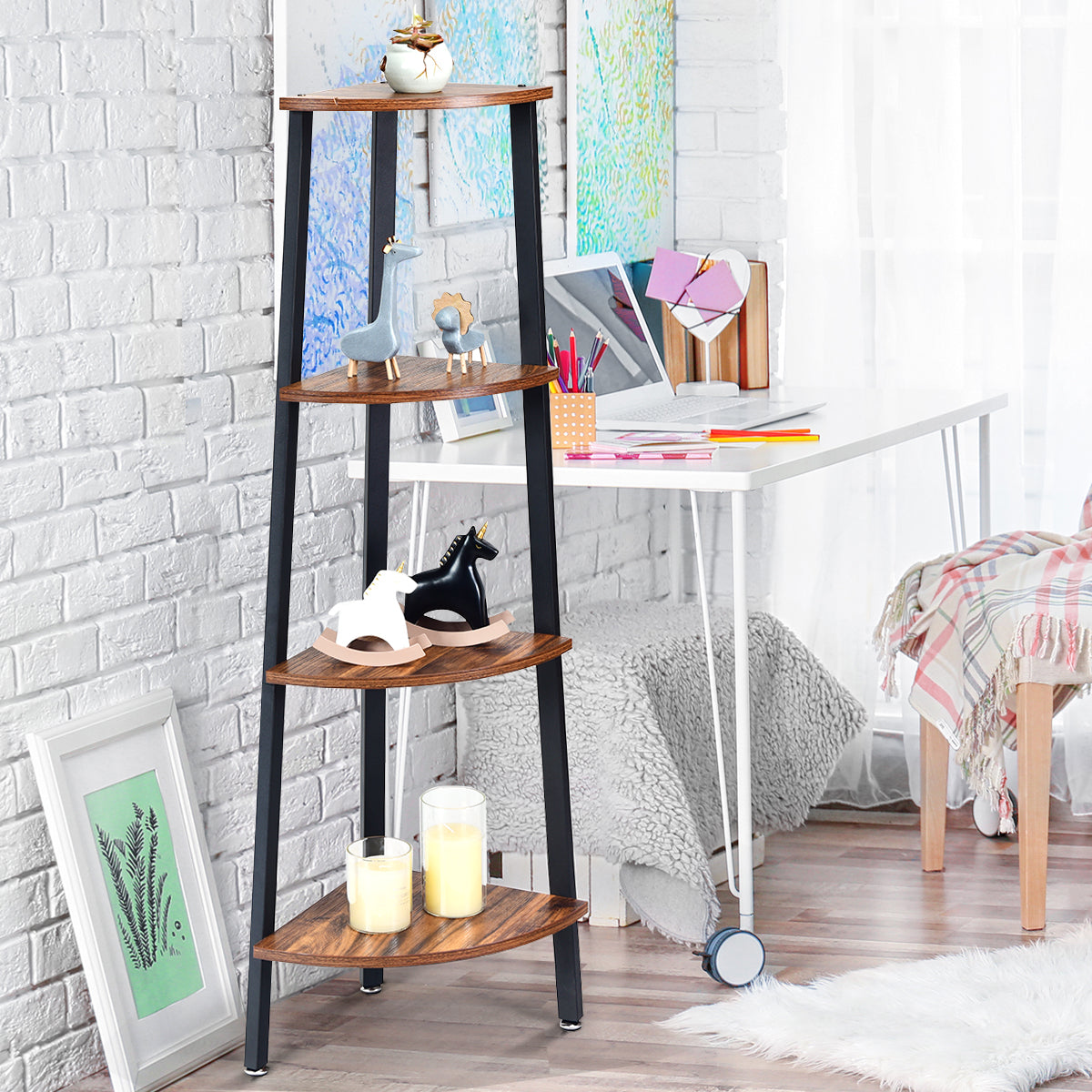 4-Tier Corner Shelf with No-Shaking Structure for Office-Coffee