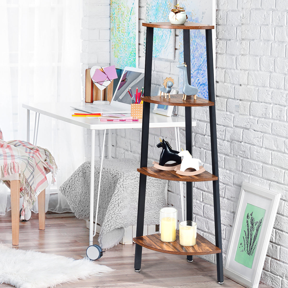 4-Tier Corner Shelf with No-Shaking Structure for Office-Coffee