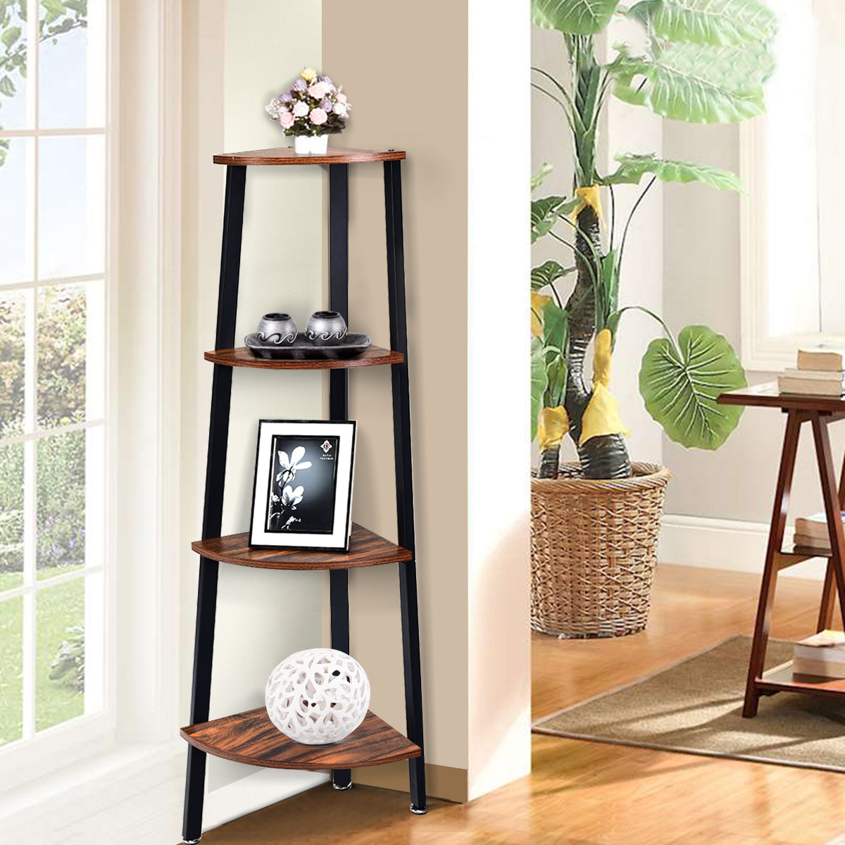 4-Tier Corner Shelf with No-Shaking Structure for Office-Coffee
