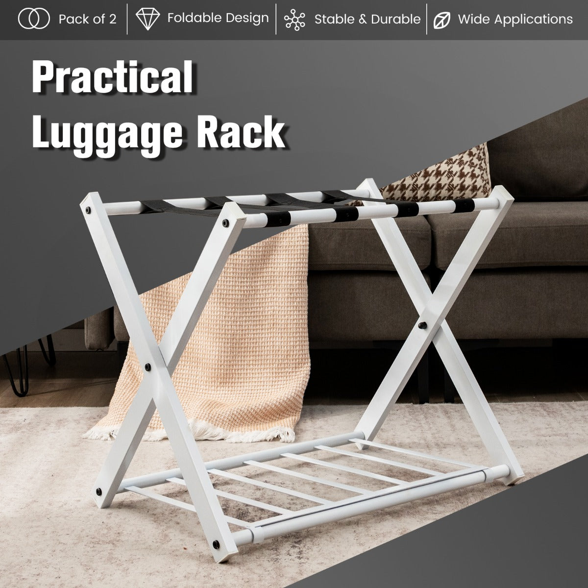 Heavy Duty Folding Luggage Rack with Shelves-2 pieces