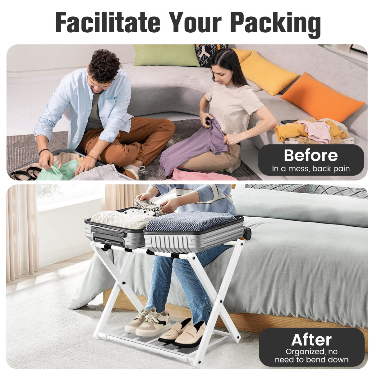 Heavy Duty Folding Luggage Rack with Shelves-2 pieces