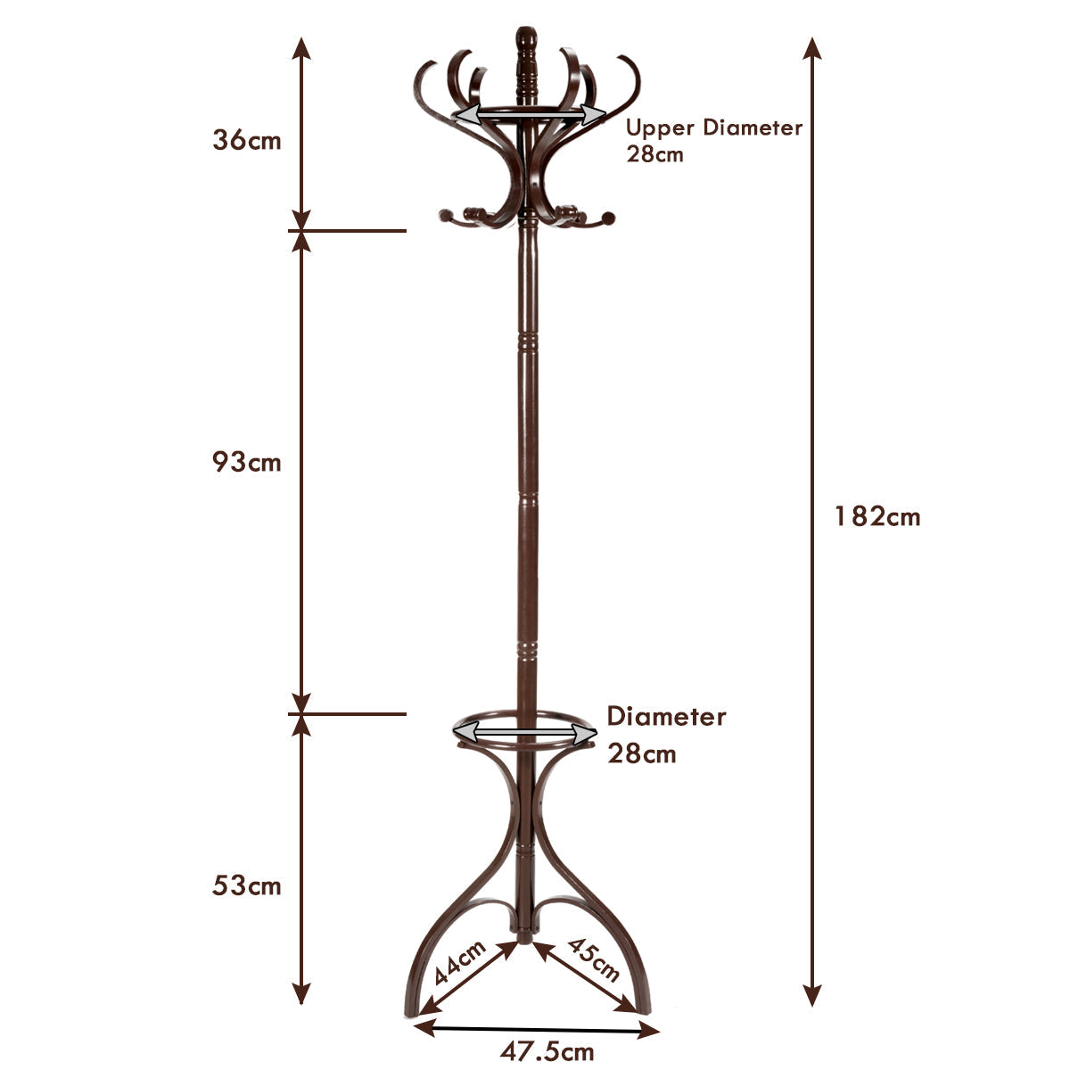 Birch coat rack with 12 hooks and lower umbrella stand for entryways and bedrooms