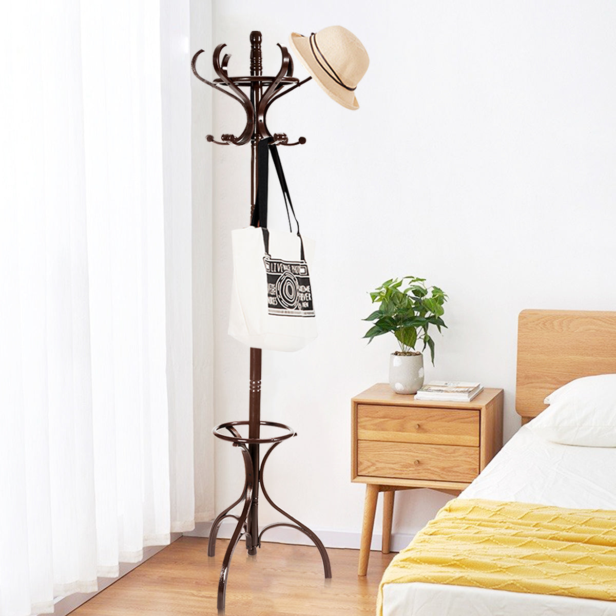 Costway Practical Birch Coat Stand with 360° Rotating Top Tier for Jacket Red-Brown