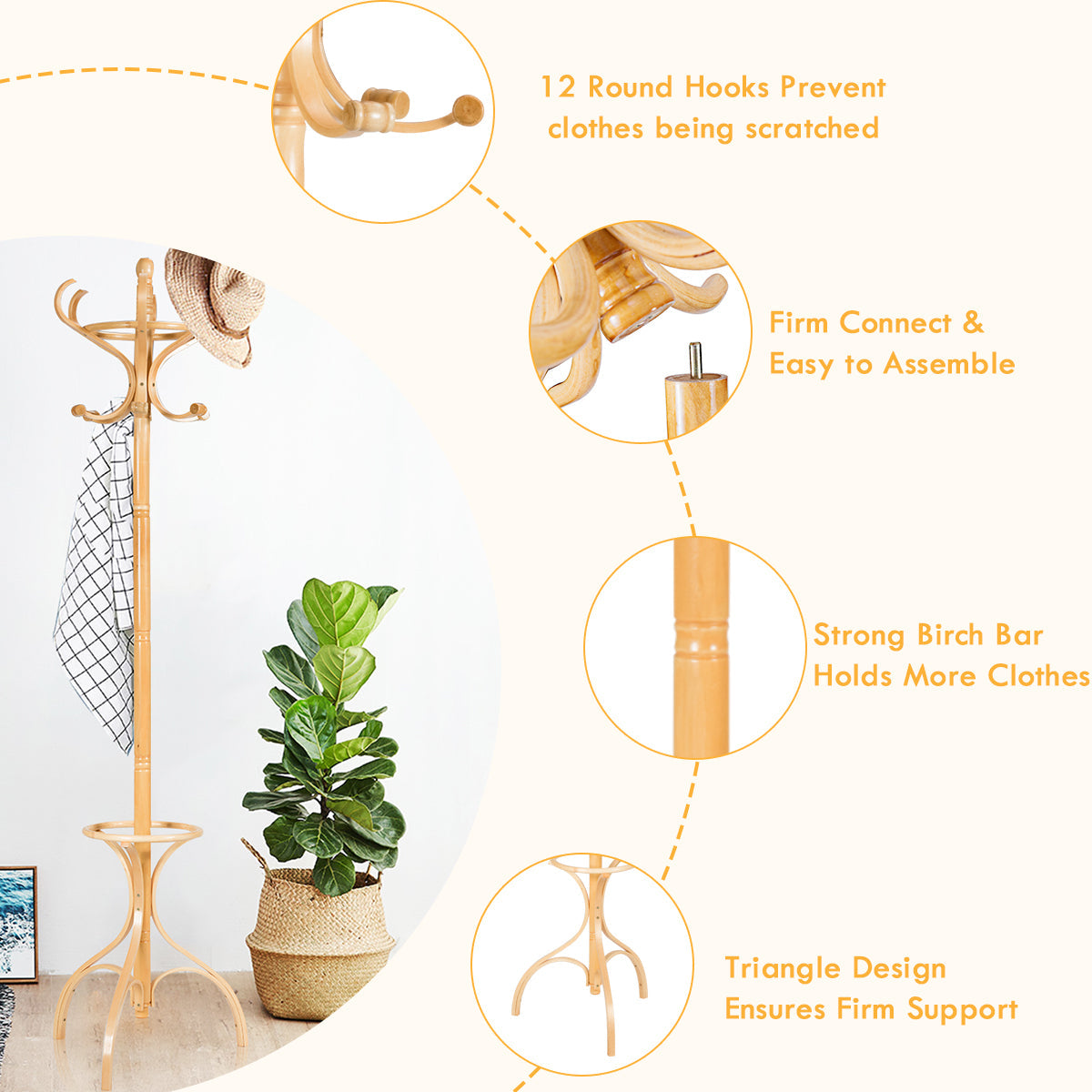 Freestanding hall tree with 12 hooks organizes jackets, scarves, purses and hats