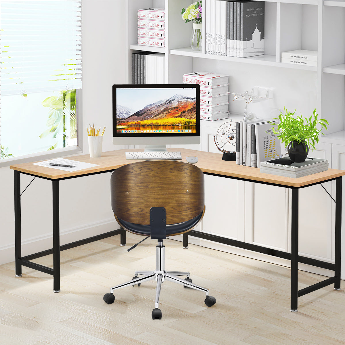 Costway Wood L-Shaped Computer Desk with Adjustable Foot Pad