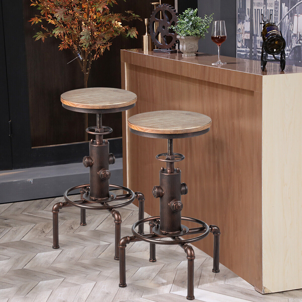 Costway Industrial Bar Stool with Adjustable Height for Restaurant/ Cafe/ Pub