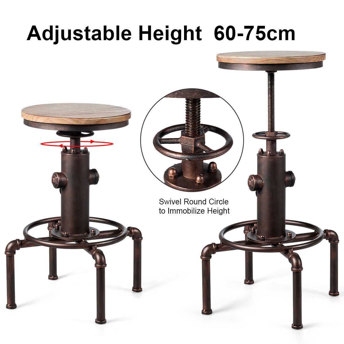 Costway Industrial Bar Stool with Adjustable Height for Restaurant/ Cafe/ Pub