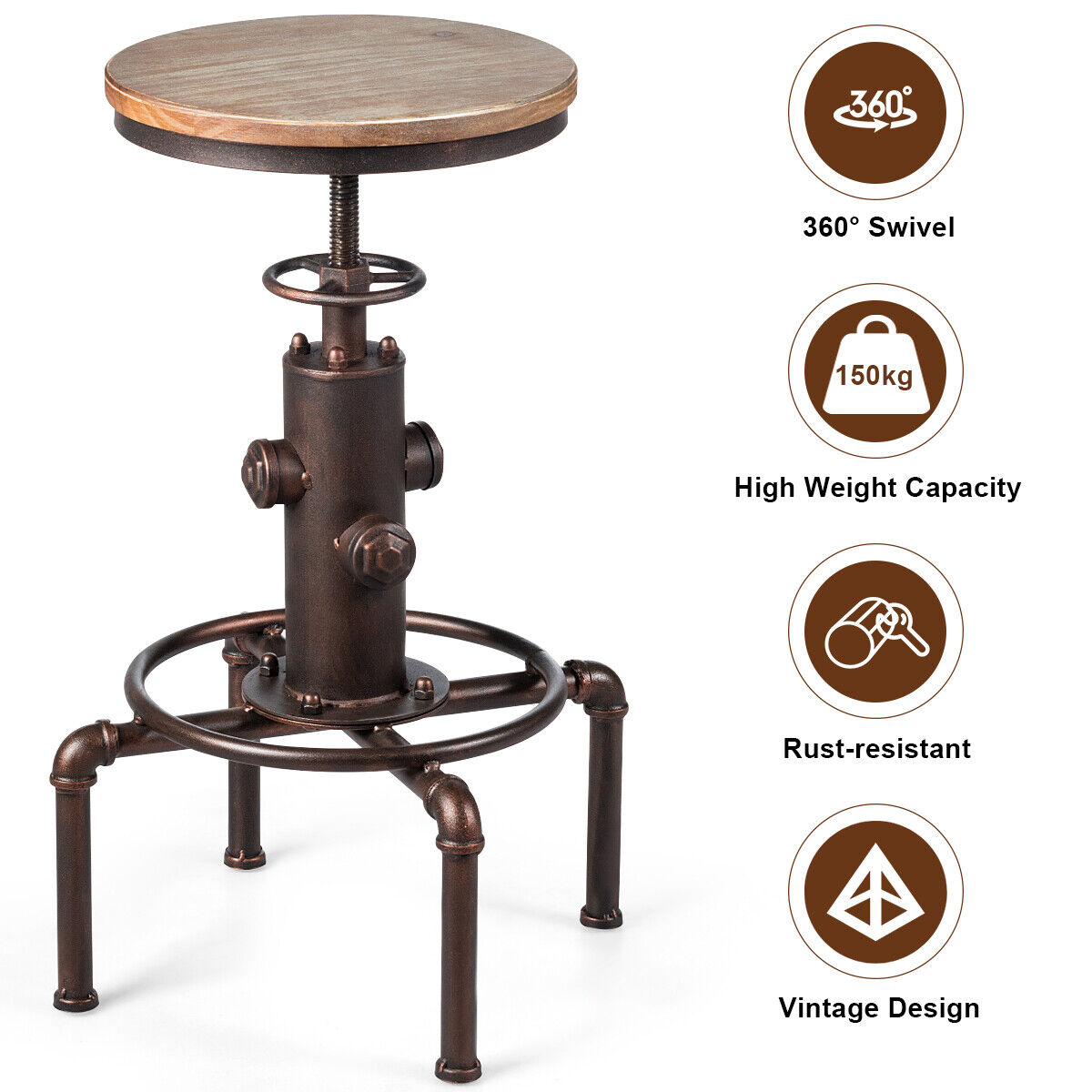 Costway Industrial Bar Stool with Adjustable Height for Restaurant/ Cafe/ Pub