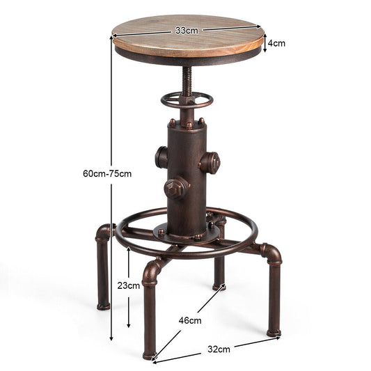 Adjustable industrial bar stool with natural pine wood seat and durable black iron frame