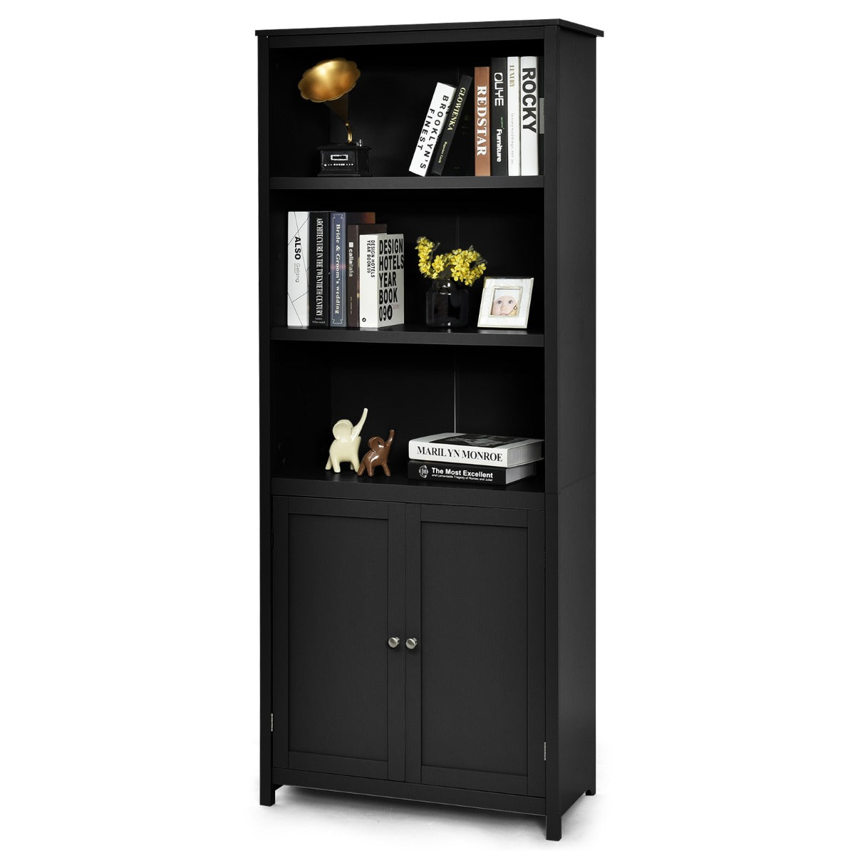 3-Shelf Bookcase with Double Doors &amp; Adjustable Shelves &amp; Cabinet-Black
