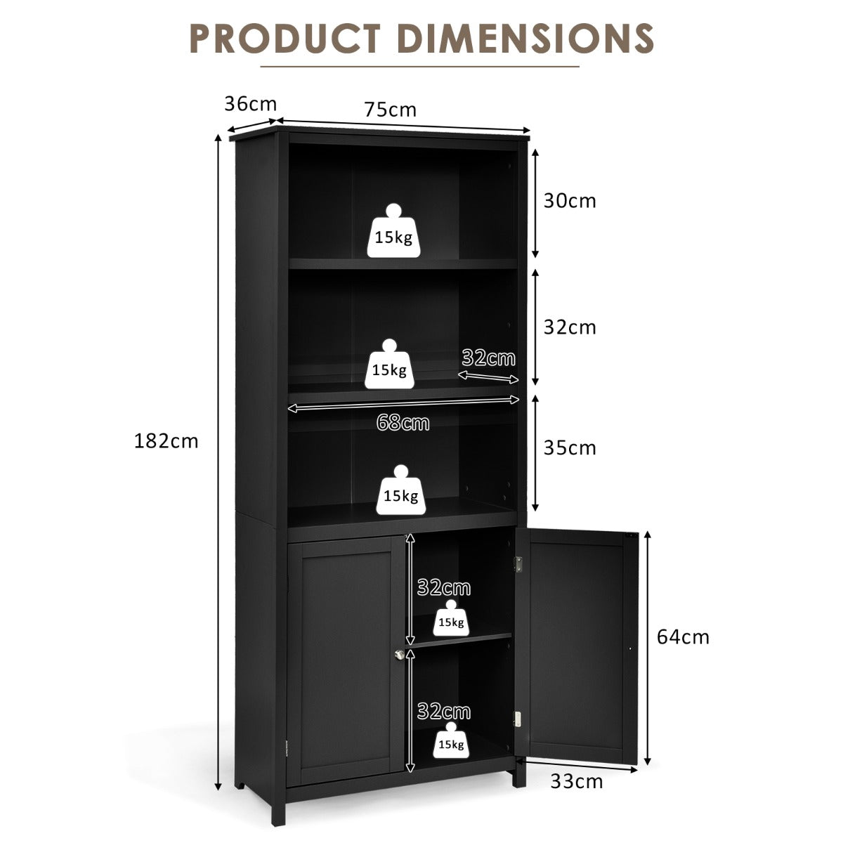 3-Shelf Bookcase with Double Doors &amp; Adjustable Shelves &amp; Cabinet-Black