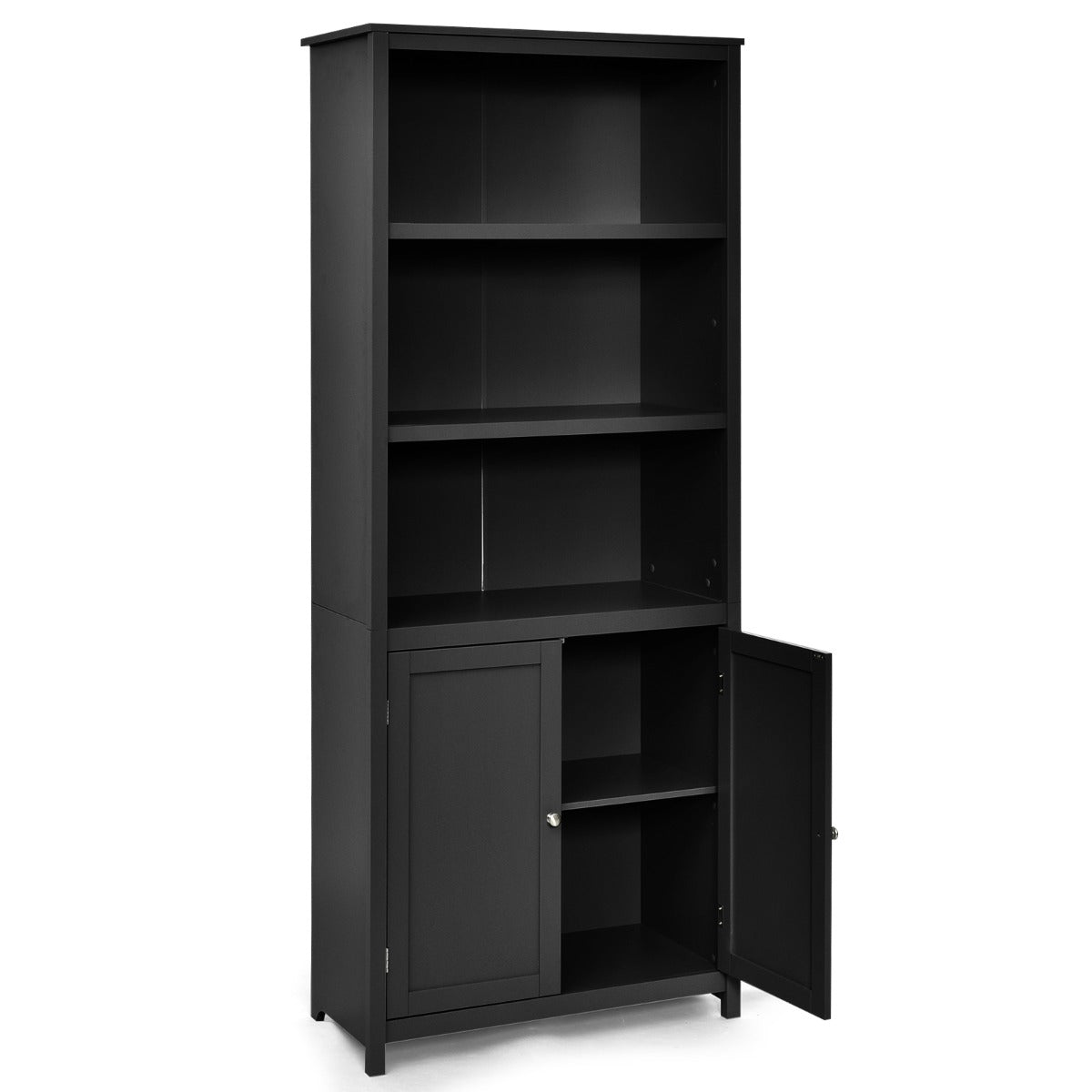 3-Shelf Bookcase with Double Doors &amp; Adjustable Shelves &amp; Cabinet-Black