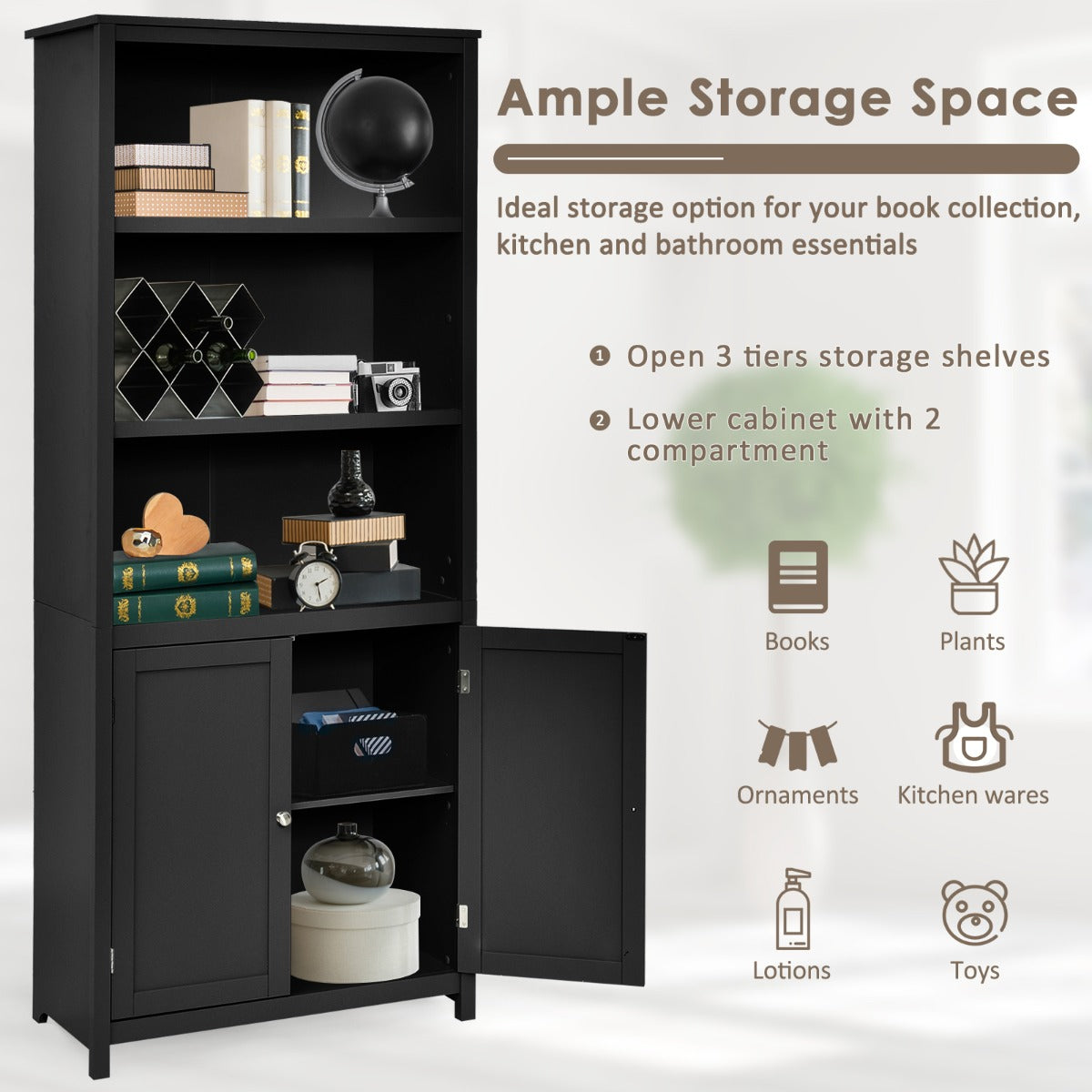 3-Shelf Bookcase with Double Doors &amp; Adjustable Shelves &amp; Cabinet-Black