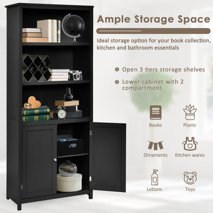 3-Shelf Bookcase with Double Doors &amp; Adjustable Shelves &amp; Cabinet-Black