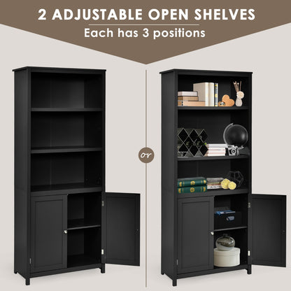 3-Shelf Bookcase with Double Doors &amp; Adjustable Shelves &amp; Cabinet-Black