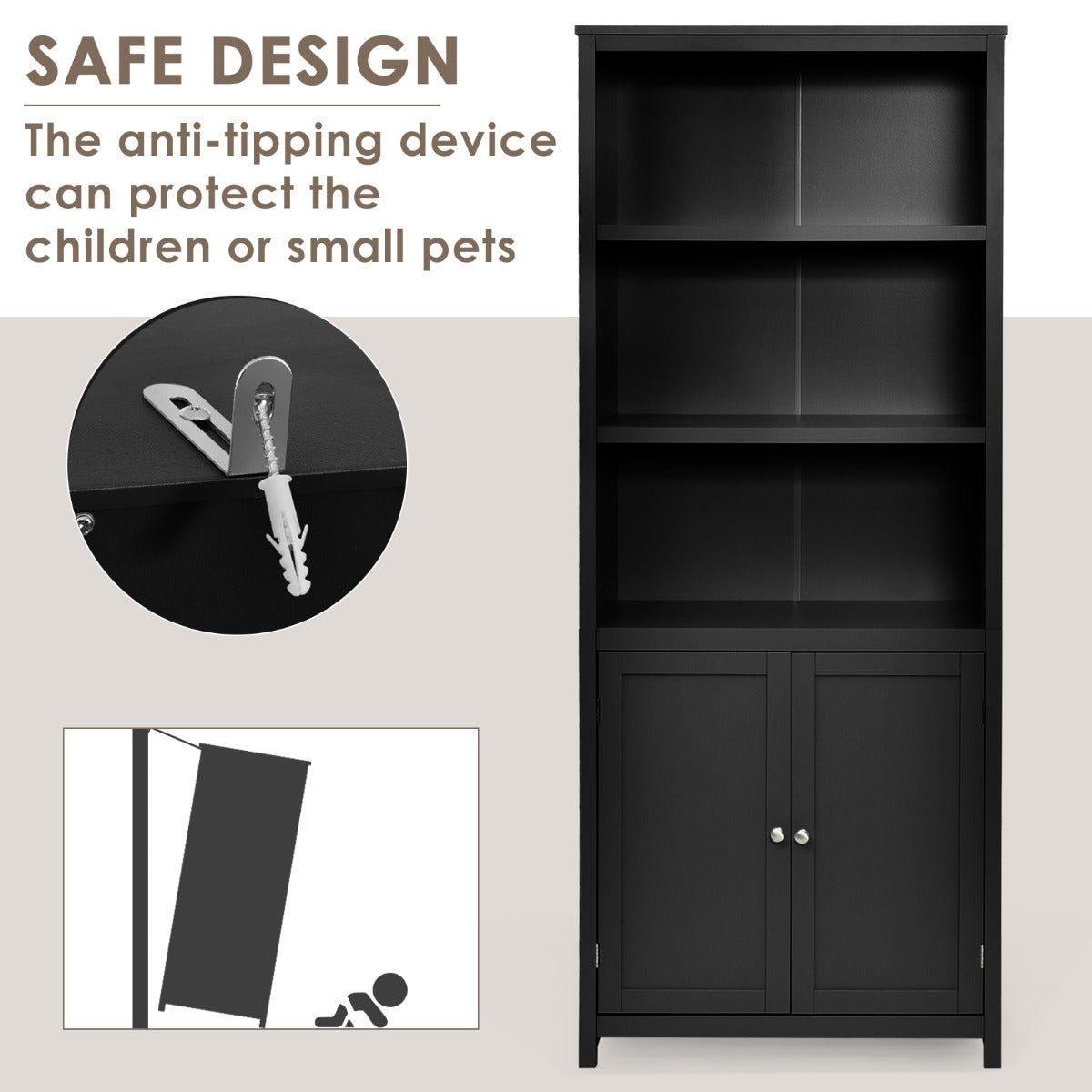 3-Shelf Bookcase with Double Doors &amp; Adjustable Shelves &amp; Cabinet-Black