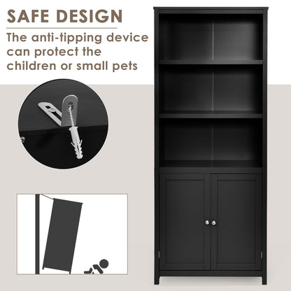 3-Shelf Bookcase with Double Doors &amp; Adjustable Shelves &amp; Cabinet-Black