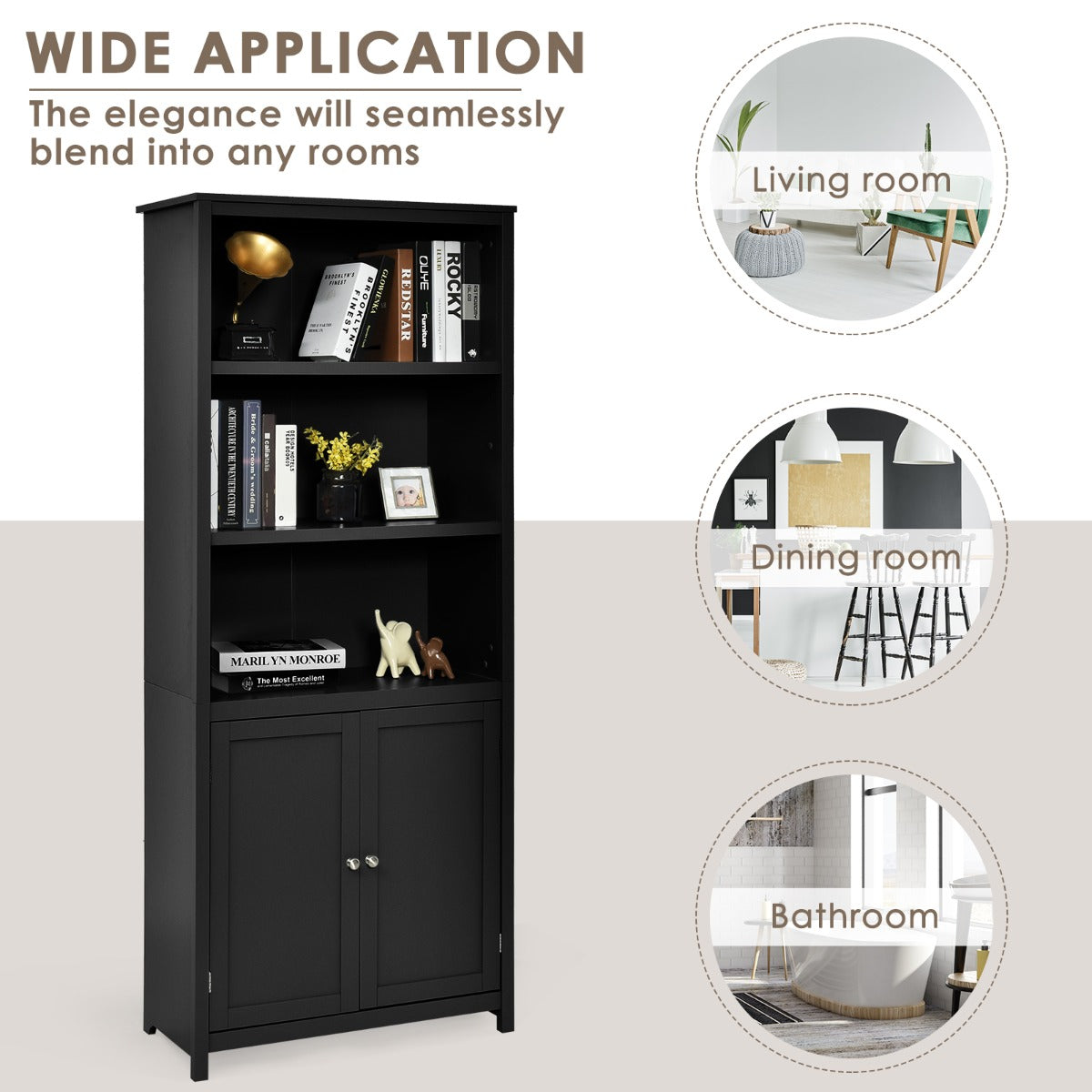 3-Shelf Bookcase with Double Doors &amp; Adjustable Shelves &amp; Cabinet-Black