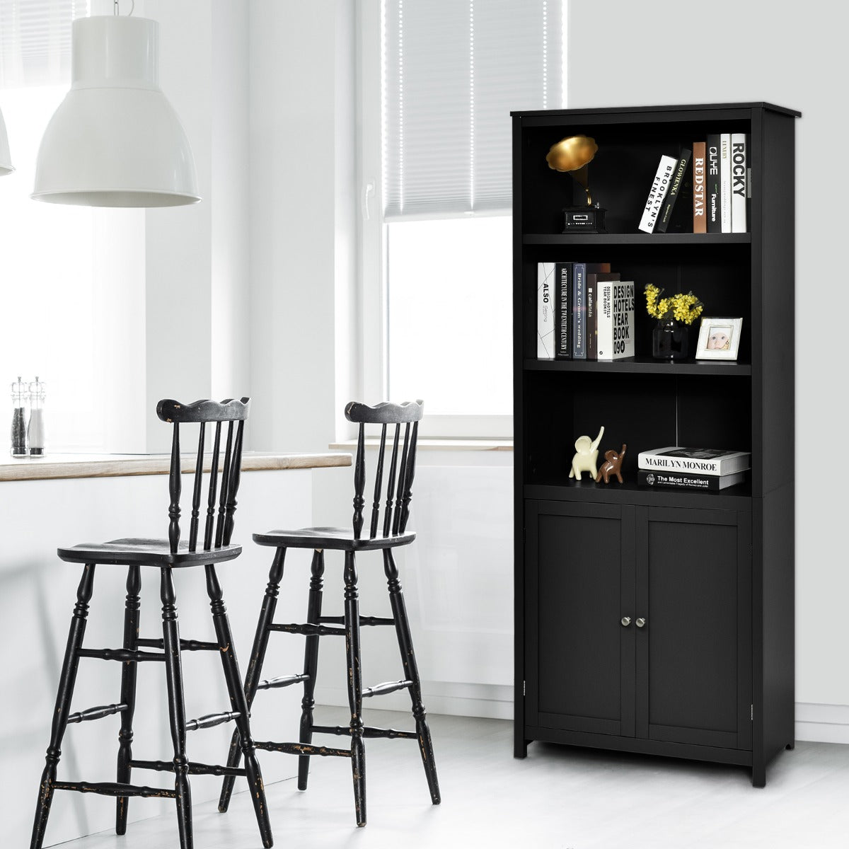 3-Shelf Bookcase with Double Doors &amp; Adjustable Shelves &amp; Cabinet-Black