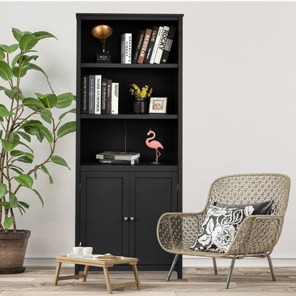 3-Shelf Bookcase with Double Doors &amp; Adjustable Shelves &amp; Cabinet-Black