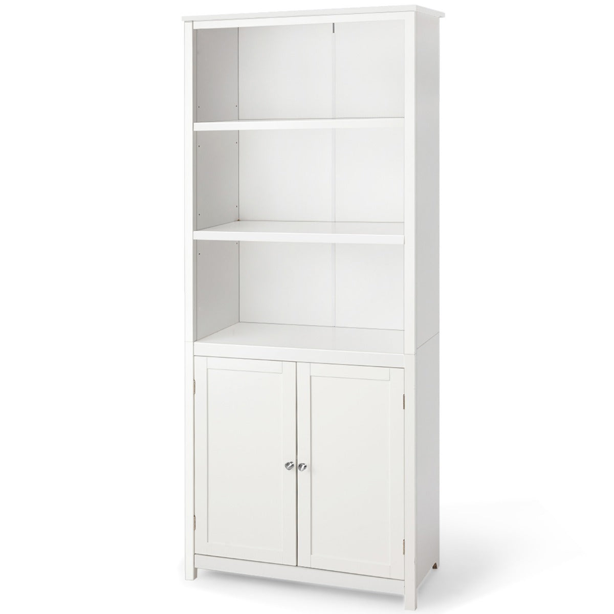 3-Shelf Bookcase with Double Doors &amp; Adjustable Shelves &amp; Cabinet-White