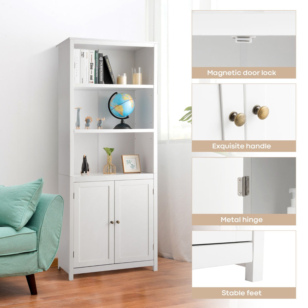 3-Shelf Bookcase with Double Doors &amp; Adjustable Shelves &amp; Cabinet-White