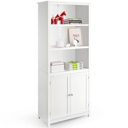 3-Shelf Bookcase with Double Doors &amp; Adjustable Shelves &amp; Cabinet-White