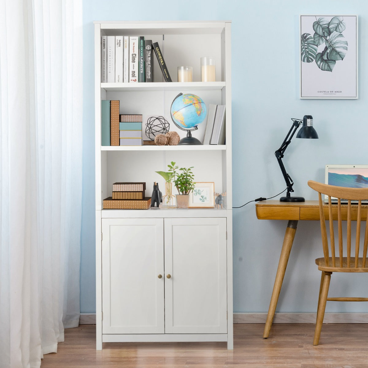 3-Shelf Bookcase with Double Doors &amp; Adjustable Shelves &amp; Cabinet-White