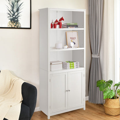 3-Shelf Bookcase with Double Doors &amp; Adjustable Shelves &amp; Cabinet-White