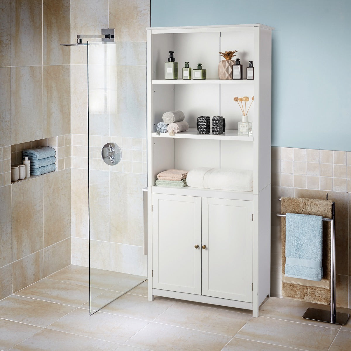 3-Shelf Bookcase with Double Doors &amp; Adjustable Shelves &amp; Cabinet-White