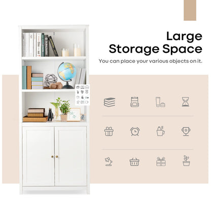 3-Shelf Bookcase with Double Doors &amp; Adjustable Shelves &amp; Cabinet-White