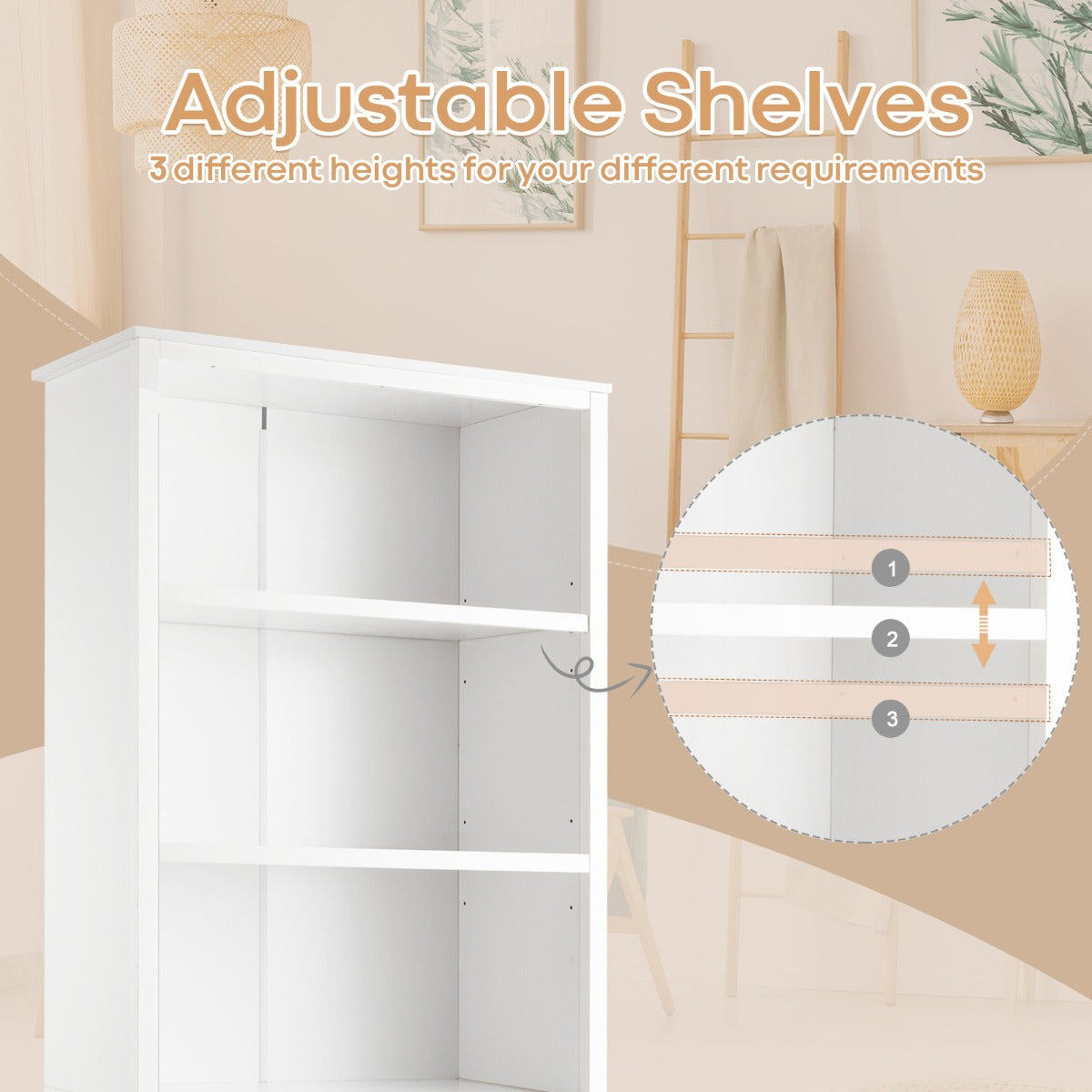 3-Shelf Bookcase with Double Doors &amp; Adjustable Shelves &amp; Cabinet-White
