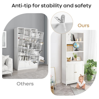 3-Shelf Bookcase with Double Doors &amp; Adjustable Shelves &amp; Cabinet-White