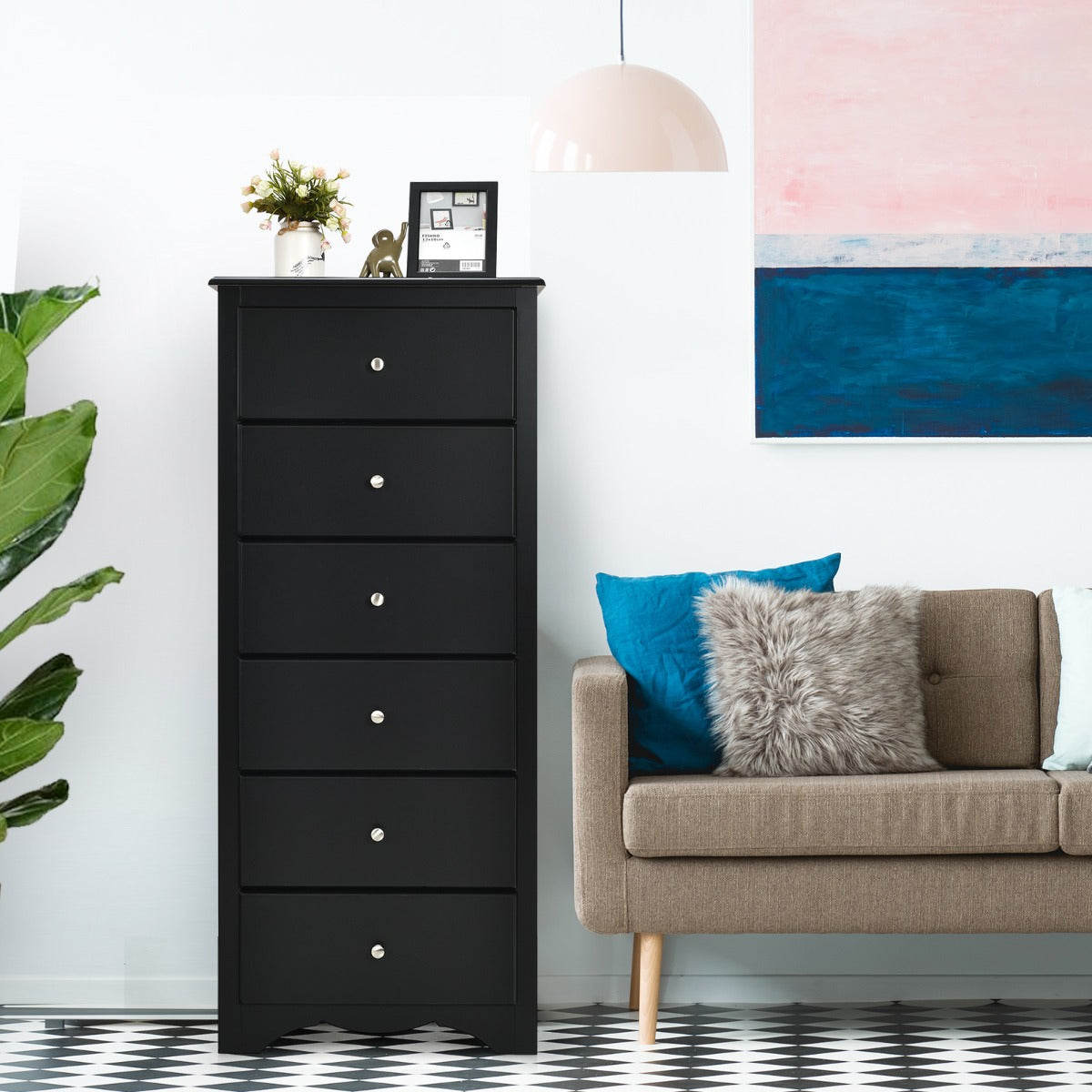 Costway 6 Drawer Chest with Mental Knobs for Living Room-Black