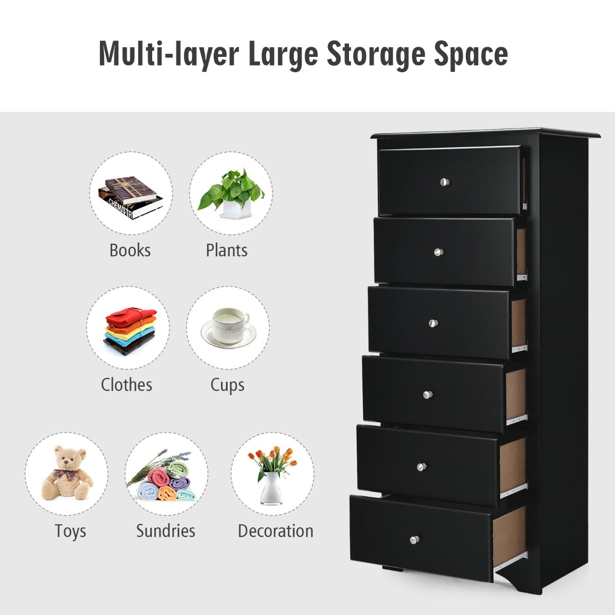 Costway 6 Drawer Chest with Mental Knobs for Living Room-Black