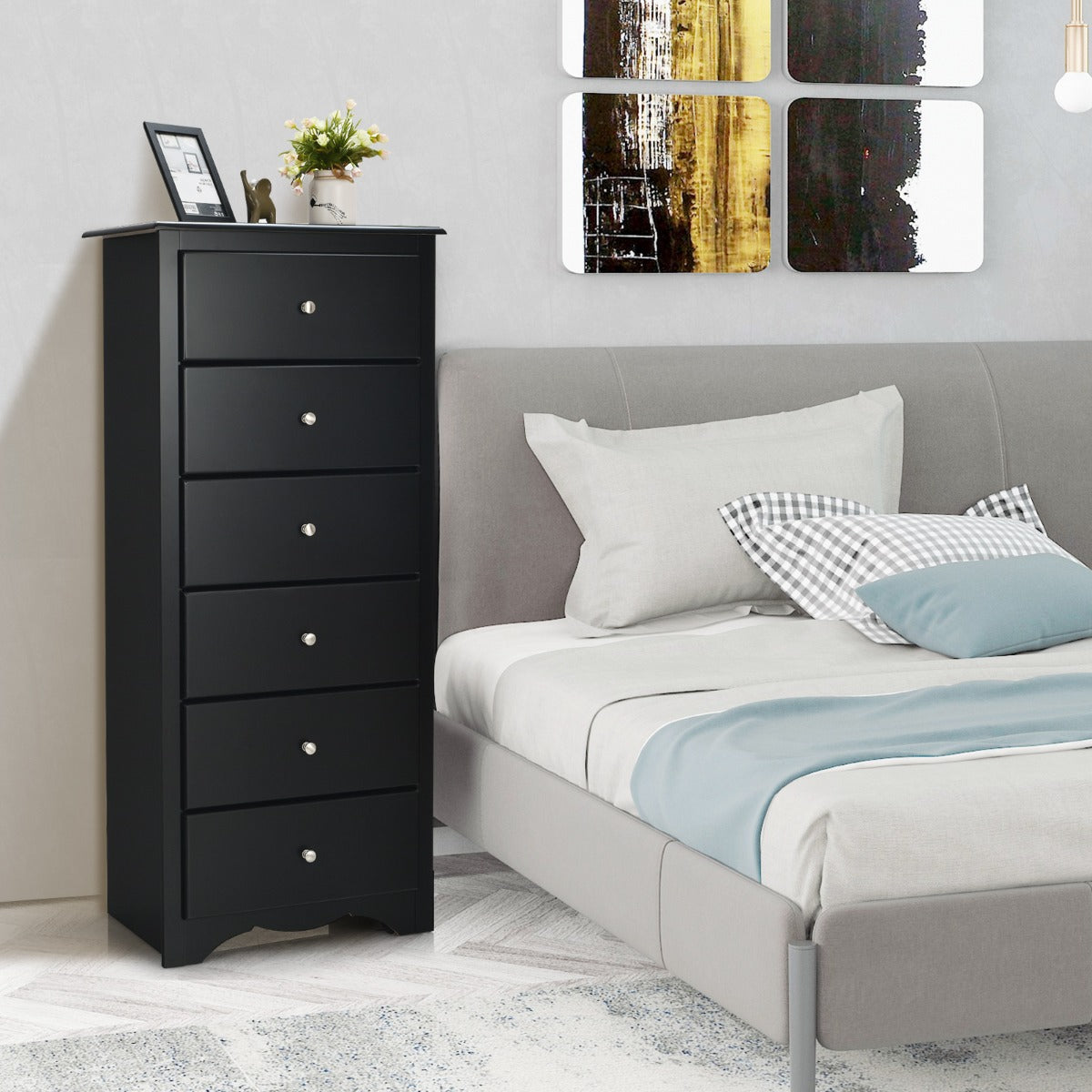 Costway 6 Drawer Chest with Mental Knobs for Living Room-Black