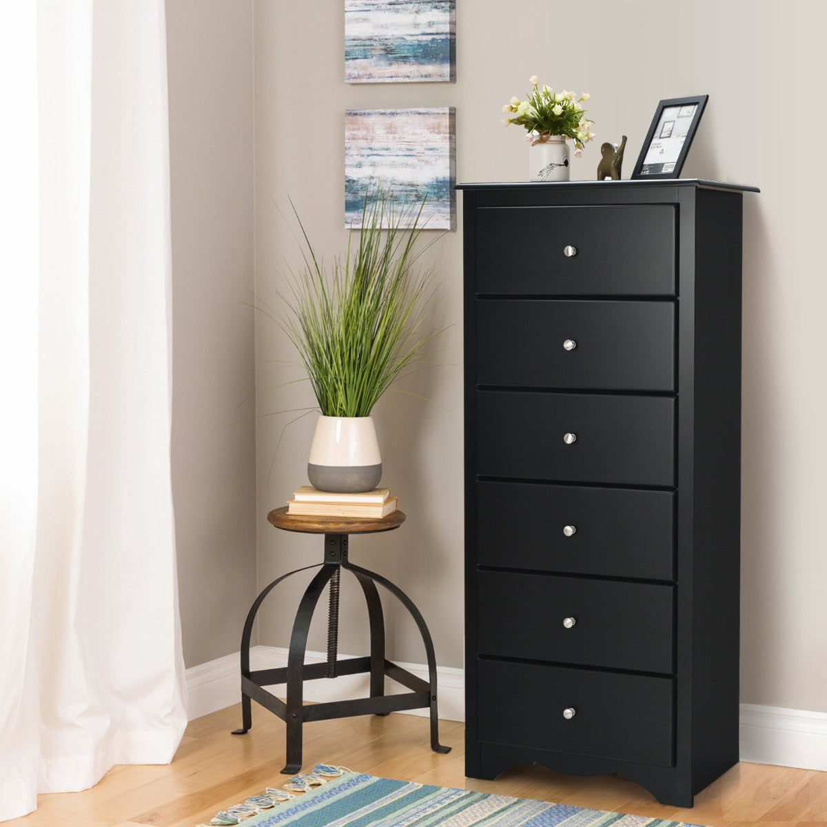 Costway 6 Drawer Chest with Mental Knobs for Living Room-Black