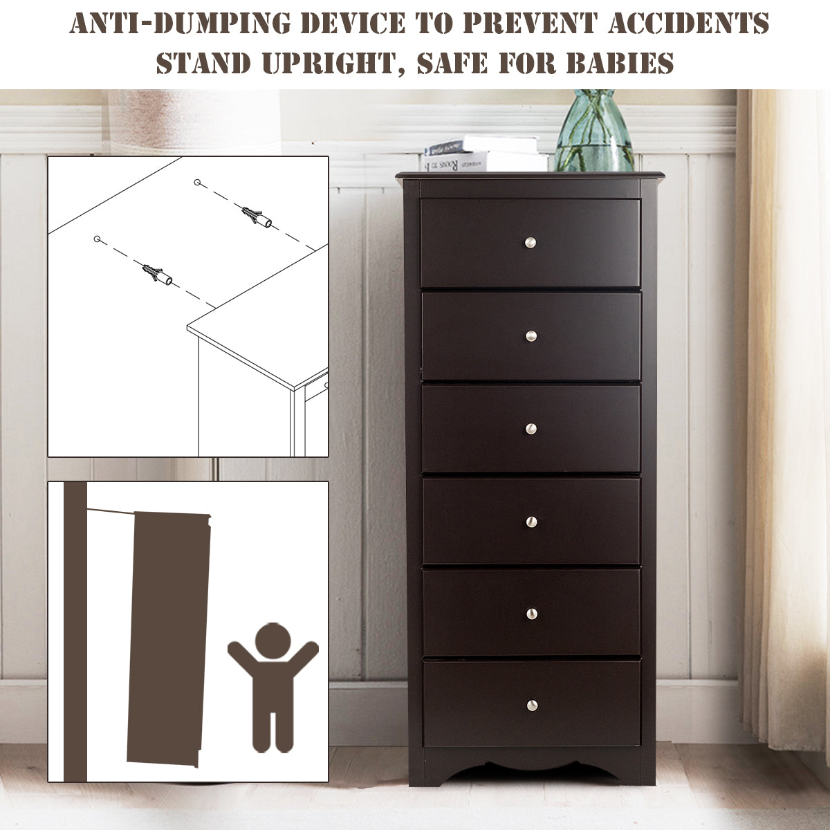 Six deep drawers and a spacious top help organize clothing, underwear, accessories, and household items