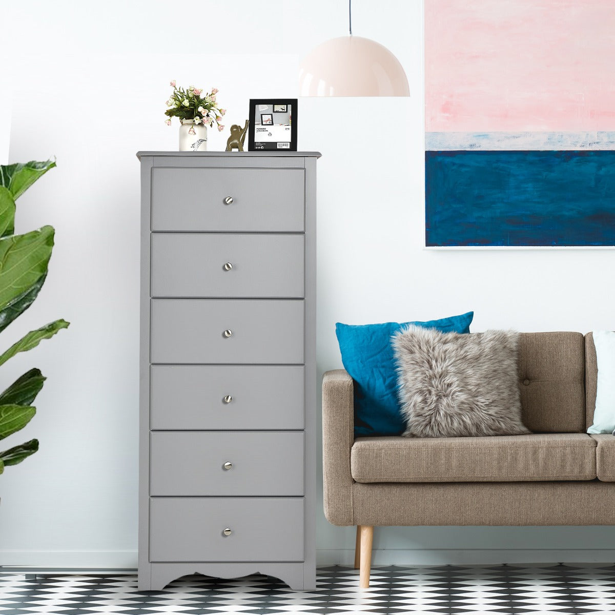 Costway 6 Drawer Chest with Mental Knobs for Living Room-Grey