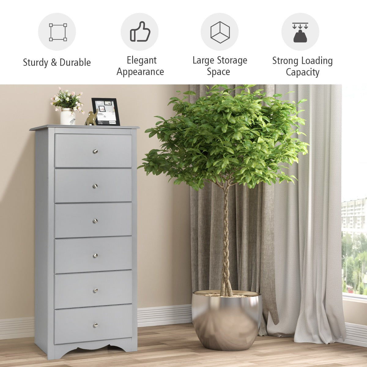 Costway 6 Drawer Chest with Mental Knobs for Living Room-Grey